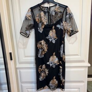 Calvin Klein Black Midi Dress with Gold and Silver Floral Applique